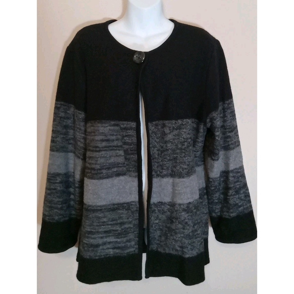 Tally-ho Women Grey Black Wool‎ Single Button Long Sleeve Open Cardigan Size L